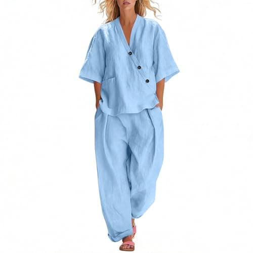 womens gym set Co Ord Sets for Women Cotton Linen 2 Piece Plus Size V Neck Tops & Wide Leg Trousers Summer Fashion Loose Comfy Vacation Travel Airport Outfits Light Blue XL