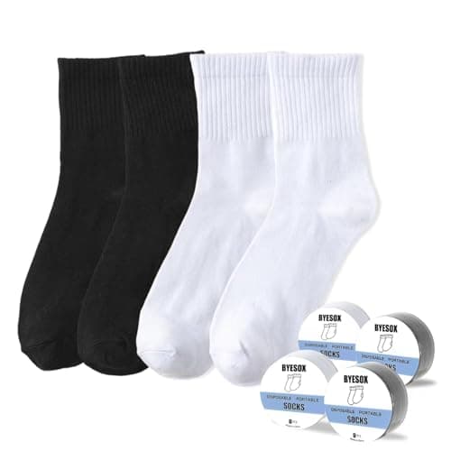 BYESOX 12 Pairs Disposable Socks for Travel, Single-use Compressed Socks, White+black(12 Pairs), One size