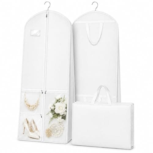 Wedding Dress Bag Covers, URMI Heavy Duty 180 x 60 x 26cm Bridal Gown Cover with 3 Clear PVC Pockets, Long Garment Bag with Handles for Wedding Gown, Evening Dress, Prom Dress, Travel Storage, 1 Pack