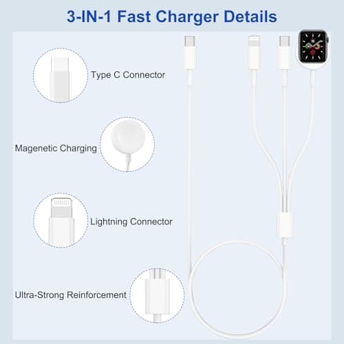 3 in 2 Multi Charger Cable for Apple Watch, iWatch Charger Travel Essentials Multi Fast Charging Cable for Apple Watch Series Ultra/11/10/9/8/7/6/5/4/3/2 & iPhone 17/16/AirPods, Samsung Galaxy S25/S24 — view 2
