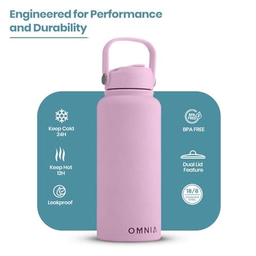 OMNIA NUTRIENTS Vacuum Insulated Stainless Steel Water Bottle, 2 Lids (Straw & Spout) Leakproof, BPA-Free, Reusable Flask Ideal for Travel and Outdoors (Soft Pink - 1000 ml) — view 2