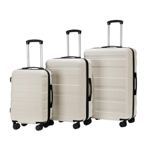 OHS Cream Travelling Suitcases for Holidays, Hardshell Lightweight Suitcases Set Durable Adjustable Handles 4 Wheels - Cabin Luggage, Medium Suitcase, Large Suitcase