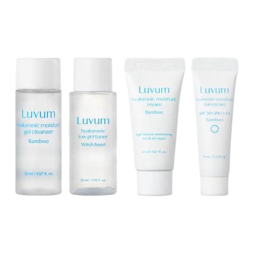 Luvum Moisture Travel Kit - 4pcs | Bamboo Hyaluronic Cleanser, Toner, Cream & Suncream | Sensitive & Combination-Oily Skin | Korean Skincare Set