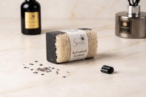 Serra Activated Carbon Extract Soap with Natural Loofah Fiber 120g Deep Detox - Natural and Anti-Breakout Black Soap for Face, Whole Body, and Hand Wash