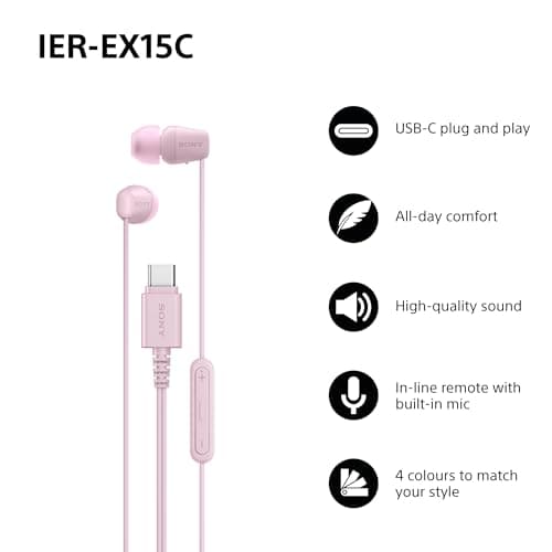Sony IER‑EX15C USB‑C Wired Earbuds with Mic – Lightweight In‑Ear Headphones for Android, iPhone, Laptop & PC – Tangle‑Free Cable, Clear sound – Perfect for Travel & Everyday Use – Pink — view 2