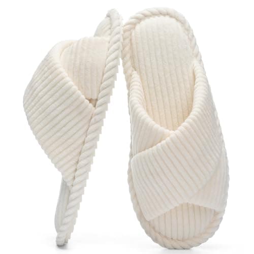 GOEWY Slippers for Women Memory Foam House Bedroom Corduroy Crossbands Open Toe Slides Sandals Shoes Comfy Trendy Gift for womens Anti-Skid sole, Beige, 5/6 UK