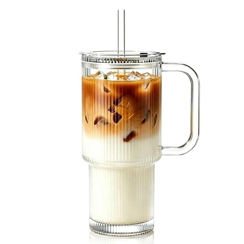 KEMORELA 768ml Ribbed Glass Tumbler with Handle, Leakproof Lid & Straw, 26oz Large Iced Coffee Glass Cup with Straw Brush, Reusable Glass for Smoothies, Matcha & Juice, Car Cup Holder Friendly