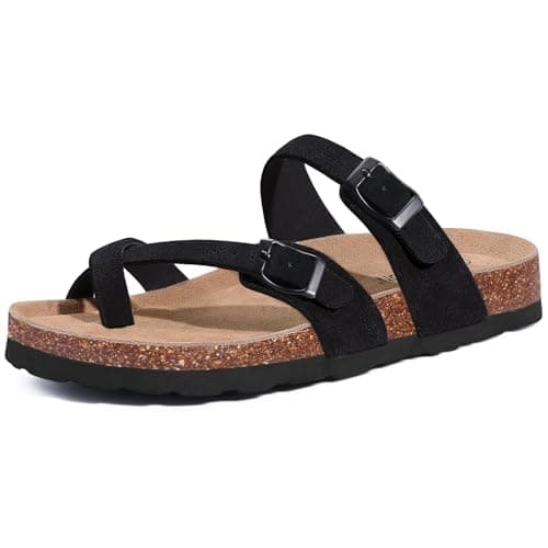 Litfun Women's Suede Cork Footbed Sandals with Adjustable Buckle Black 39