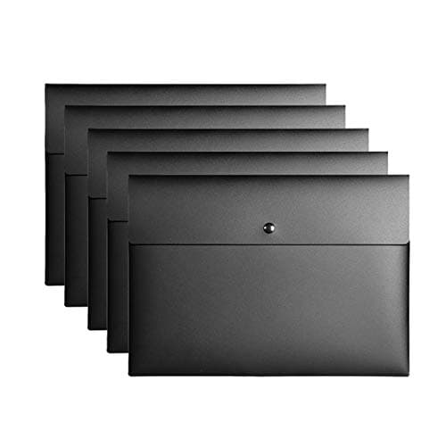 VANRA 5 Pieces A4 Envelopes Folders for Paperwork Plastic Wallets Document Organizer with Snap Button Closure A4 Letter Size (Black)
