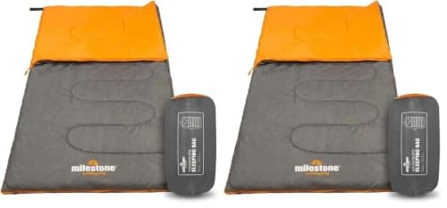 Milestone Camping Rectangular Sleeping Bag for Adults & Kids | Insulated 2 Season for Camping, Hiking, Outdoor Holidays | Grey & Orange | Packs Down Tight | 170cm x 75cm (Pack of 2)