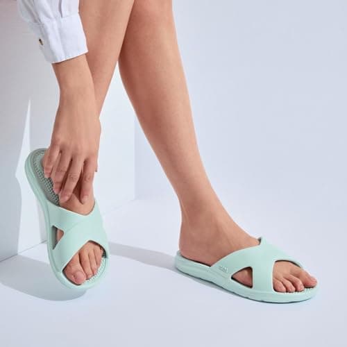 totes® ® SOLBOUNCE Ladies Cross Strap Slider Sandals, Lightweight Summer Slides with Everywear™ Cushioning, Anti-Bacterial Sole, Compression-Resistant Insole, Holiday Footwear, Mint, UK 5 — view 2