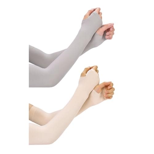Andiker 2 Pairs Cooling Arm Sleeves for Women and Men, Sun UV Protection Breathable Arm Sleeves, Compression Outdoor Sports Sleeves to Cover for Cycling Hiking (grey+pale yellow with thumb hole)