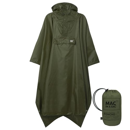Mac in a Sac - Poncho - Packable Waterproof Cape for Men & Women - Lightweight and Breathable Rain Jacket with Hood that Packs into its own Bag - Khaki - One-Size