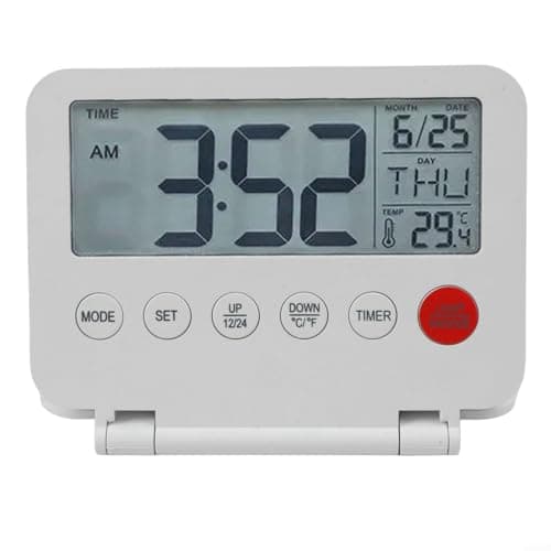 Travel Alarm Clock with Backlight, 12/24H Display, Calendar and Temperature, Weekend Mode, Compact Portable Design for Bedside Desk, Battery Operated(White) — view 2
