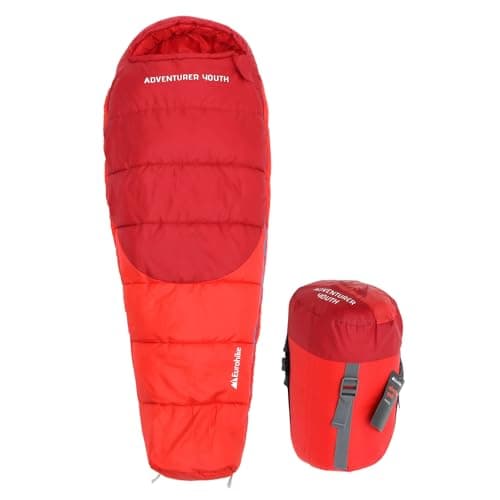 Eurohike Youth Adventurer Sleeping Bag with Pillow Pocket for Teens, Kids, 1 Person, 2-3 Season, Lightweight, Warm, Indoor & Outdoor Use, Camping, Hiking, Backpacking, Compression Bag (Red)