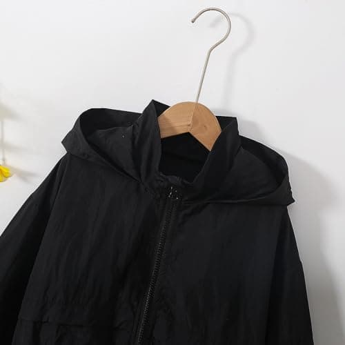 Boys Girls Rain Jacket Spring Fall Waterproof Zipper Hooded Raincoat Teen Kids Plain Lightweight Windbreaker with Pockets Breathable Packable Rain Coat (UK, Age, 13 Years, 14 Years, Regular, Black) — view 5