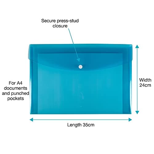 SUMMIT A4+ Heavy Duty Plastic Popper Wallets, Assorted Colours, Document Folders, Pack of 5 — view 3