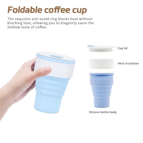 EYQ Collapsible Coffee Cup 375 ml, 12oz Silicone Foldable Coffee Mug, Lightweight Reusable for Hot and Cold Drinks for Office Fitness Gym Outdoor Sports Travel Camping Yoga, Pocket Size (WhiteBlue) — view 4
