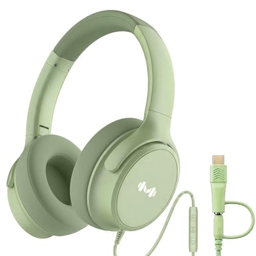 Zollexa Wired Over-Ear Headphones, Mic, 3.5mm Plug, USB-C Adapter, Green