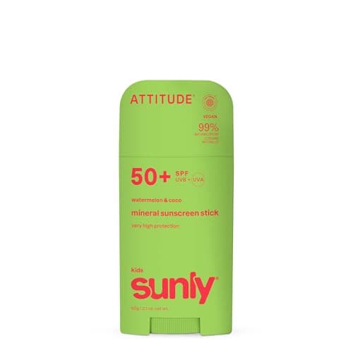 ATTITUDE Kids Mineral Sunscreen Stick SPF 50, Broad Spectrum Zinc Oxide, EWG Verified, Non-Nano, Mess-Free Stick for Face & Body, Lightweight Non-Greasy, Vegan, Watermelon & Coco Scent, 60 grams