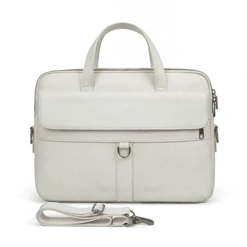 seyfocnia Laptop Bag, 15.6 Inch Briefcase, PU Leather Messenger Bag for Women Water Resistant Business Travel, Work Computer Bag Satchel Handbag, White