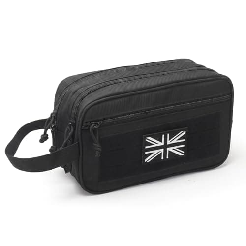 Mens Toiletry Bags, Travel Wash Bag for Men, Small Tactical Washbag with Dual Compartments & Waterproof Wet Pocket, Boys Toiletry Bag with Molle Design & UK Patch