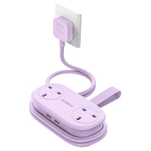 ORICO 65W GaN Travel Extension Lead with USB Slots (2 USB-A/2 USB-C), Flat Plug Power Strip with 2 Way Plug Extension Socket and 1.6M Extension Cord, Fast Charger for MacBook/iPad/iPhone - Purple