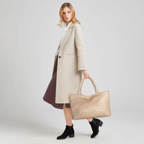 Queenoris Woven Bag for Women, Fashion Top Handle Shoulder Bag Vegan Leather Shopper, Golden — view 2