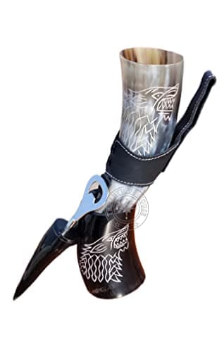THE ANTIQUE HOUSE Genuine Viking Drinking Beer Horn Mug Wolf Engraving Wine Mead Mug with Stand & Bottle Opner-Leather Holder Food Safe — view 6