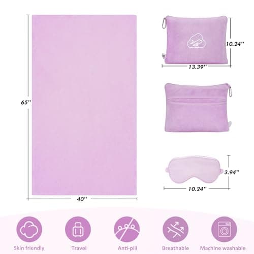 ENZOLVE Travel Blanket Pillow,Airplane Blanket Compact with Bag Eye Mask, Ultra-Soft,Warm & Lightweight Included,Travel Essentials for Women & Men, Luggage Sleeve & Backpack Clip 65x40 in,Purple — view 6