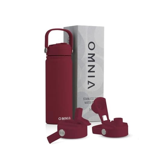 OMNIA NUTRIENTS Vacuum Insulated Stainless Steel Water Bottle, 2 Lids (Straw & Spout) Leakproof, BPA-Free, Reusable Flask Ideal for Travel and Outdoors (Burgundy - 540 ml)