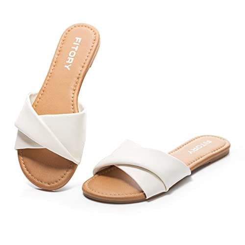 FITORY Women's Sandals Flat Slip On Leather Summer Slide Pure White Size 5