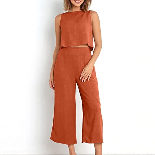 Women's 2 Piece Lounge Set Summer Outfits Casual Sleeveless Camisole Crop Top Capri Wide Leg Pants Jumpsuit Cotton Linen Loungewear Beach Travel Sets Spring Matching Tracksuit — view 5