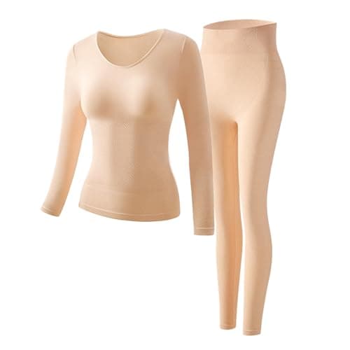 Womens Thermal Underwear Set Ladies Ultra Soft Base Layer Long Sleeve Top & Leggings Lightweight Comfortable Crew Neck Thermal Base Layers Sets for Women Yoga Workout and Indoor Daily Wear Beige — view 2