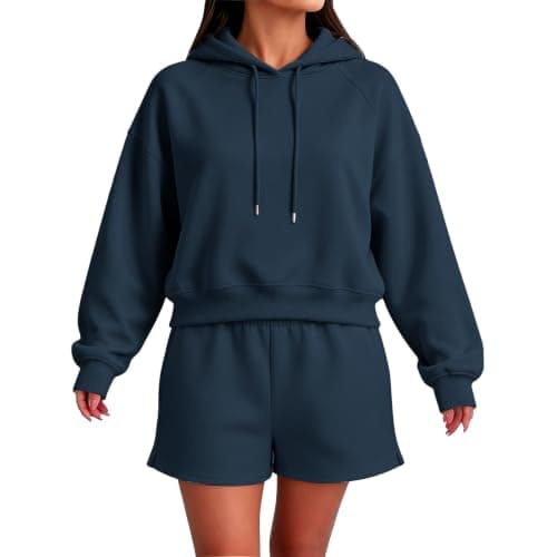 Women 2 Piece Outfit Raglan Sleeve Cropped Hoodie Shorts Loungewear Set — view 2