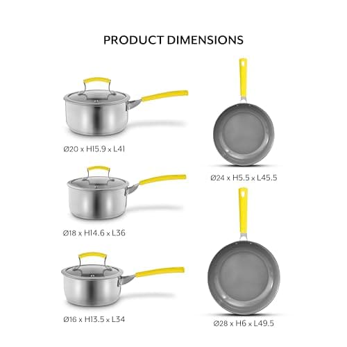 Sur La Table 5 Piece Yellow Colour Me Happy Cookware Set, 16/18/20cm Saucepans, 24/28cm Frying Pans, 360° Pouring Lips, Comfortable Yellow Grip, Stainless Steel, Induction Compatible, SLT800310YLW — view 6