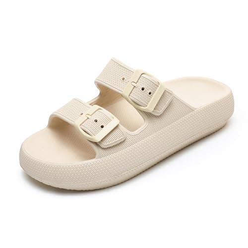 Waysoland Cloud Sliders Women Men Sandals with Adjustable Buckles,Shower Bathroom Non-Slip Quick Drying Open Toe Super Soft Comfy Thick Sole slippers Indoor Outdoor(Beige,7/8 UK)