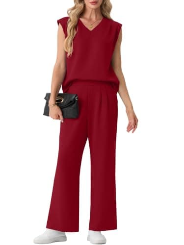 GRECERELLE Two Piece Outfits Women Summer Sleeveless Lounge Wear Sets for Women UK With Elastic Waisted Wide Leg Trouser and Top with Shoulder Pads (Wine Red, L) — view 4