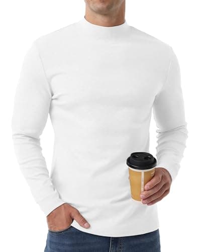 QIXING Men's Thermal Top, Long Sleeve Mock Neck Cotton Base Layer, White, L — view 2