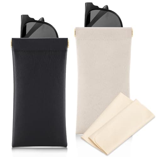 Etercycle Soft Eyeglass Case, 2 Pcs Travel Sunglass Cases for Women Portable Squeeze Top Leather Glasses Bag (Black, Beige)