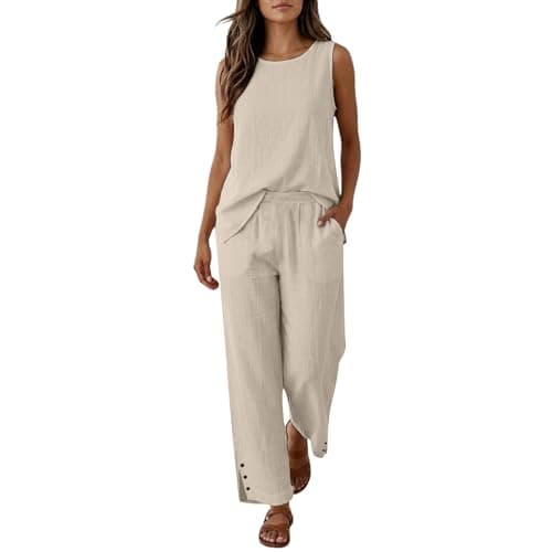 Beige 2 Piece Outfits Women Cotton Linen Loungewear Sets Sleeveless Top and Wide Leg Elastic Waist Pants with Buttons Solid Colour Ladies Versatile Co Ord Sets Vacation Airport Travel Wear Size 12