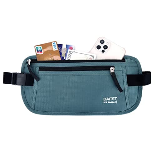 RFID Blocking Money Belt for Men Women, Slim Fanny Pack for Travel,Running,Conceal Waist Wallet for Passport Holder,Phone,Cash(Turquoise)