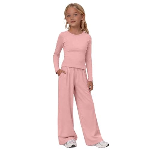 2 Piece Sweatsuit Set for Girls Trendy Travel Outfits Cute Gym Workout Causal Long Sleeve Trousers Set Comfy Vacation Outfit Fashion Solid Soft Cozy Comfort Yoga Clothes (Rose Gold, 8-9 Years)