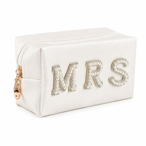 Kemay Bride Cosmetic Bag, Waterproof PU Leather Makeup Bag with Pearl Rhinestone MRS Letters, Bridal Shower Gift, Wedding Emergency Kit Travel Organizer
