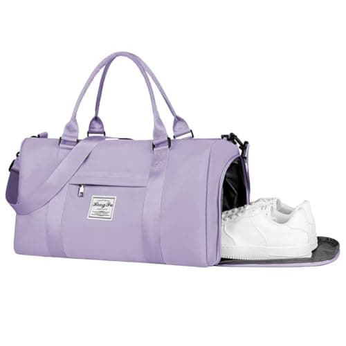 Flintronic Gym Bag, Foldable Travel Duffel Bag for Women, Waterproof Overnight Carry On Bag, Sports Bag with Shoes Compartment and Wet Pocket, Large Holdall Bag for Sports and Travel, Light Purple