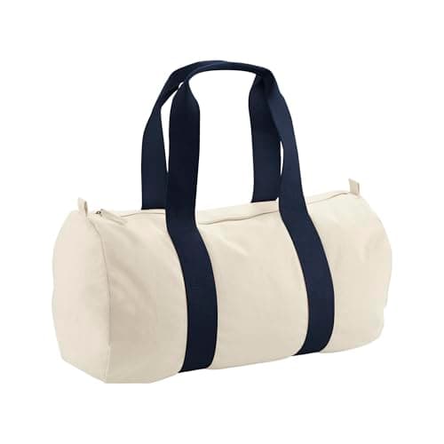 Westford Mill EarthAware Organic Barrel Bag – Natural/French Navy, Heavyweight Fabric Holdall with Zippered Closure, Webbing Carry Handles & Cutaway Label, Eco Travel Gym Bag Made for Decoration