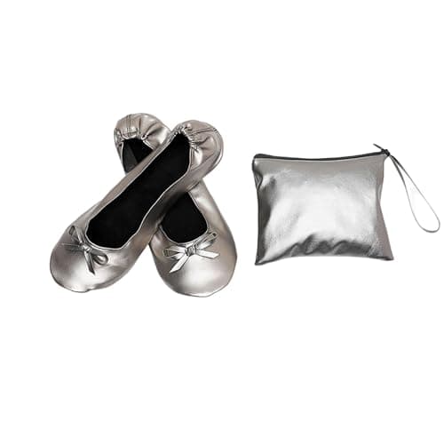 Women's Foldable Ballet Flats with Carrier Pouch Lightweight Comfy Portable Leather Roll Up Pumps with Bow After Party Non-Slip Soft Sole Flat Shoes for Ballerina Wedding & Travel Walking Grey