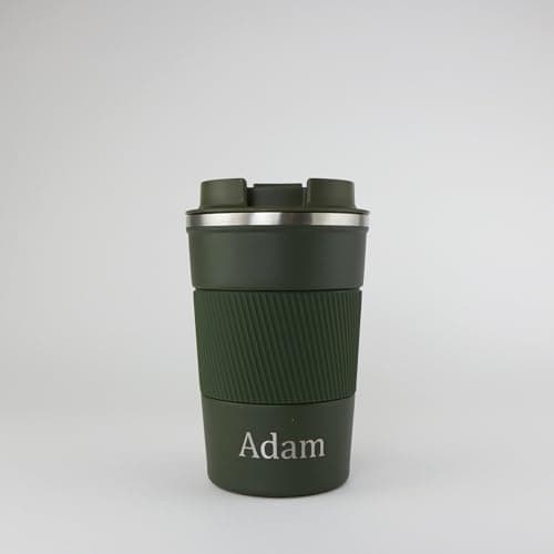cribstar Personalised Engraved Insulated Travel Mug | Stainless Steel Tumbler | Double-Walled Tea/Coffee Cup | Leak-Proof & Reusable | Keeps Hot 12h / Cold 24h | Thermal Mug (Khaki, 380ml)
