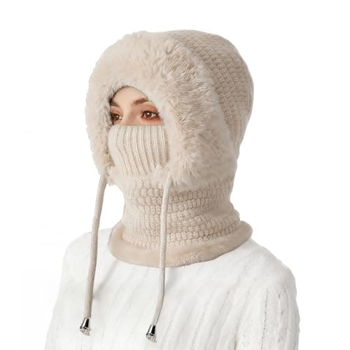 Ashloter 3 in 1 Beanie Hat for Women, 3in1 Thermal Winter Balaclava Knitted Hood with Scarf and Face Mask, Windproof Warm for Outdoor Skiing Hiking Running Skiing Cycling Ladis Men (Beige)
