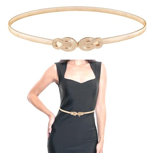 Amaxiu Elastic Skinny Waist Belt for Women, Metal Thin Dress Belt Gold